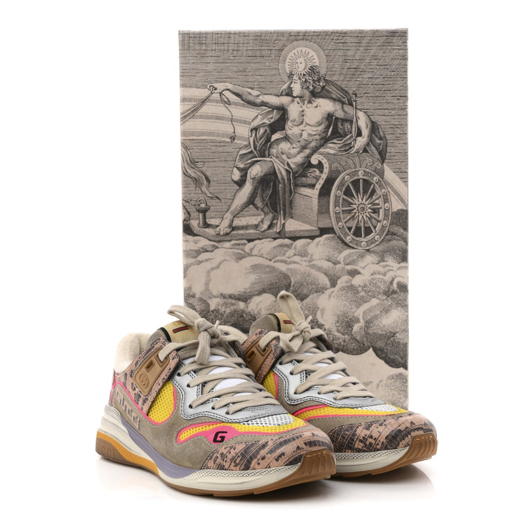 Gucci Suede Calfskin Tejus Printed Women's Ultrapace Sneakers 37.5 Pink Silver Oatmeal Yolk
