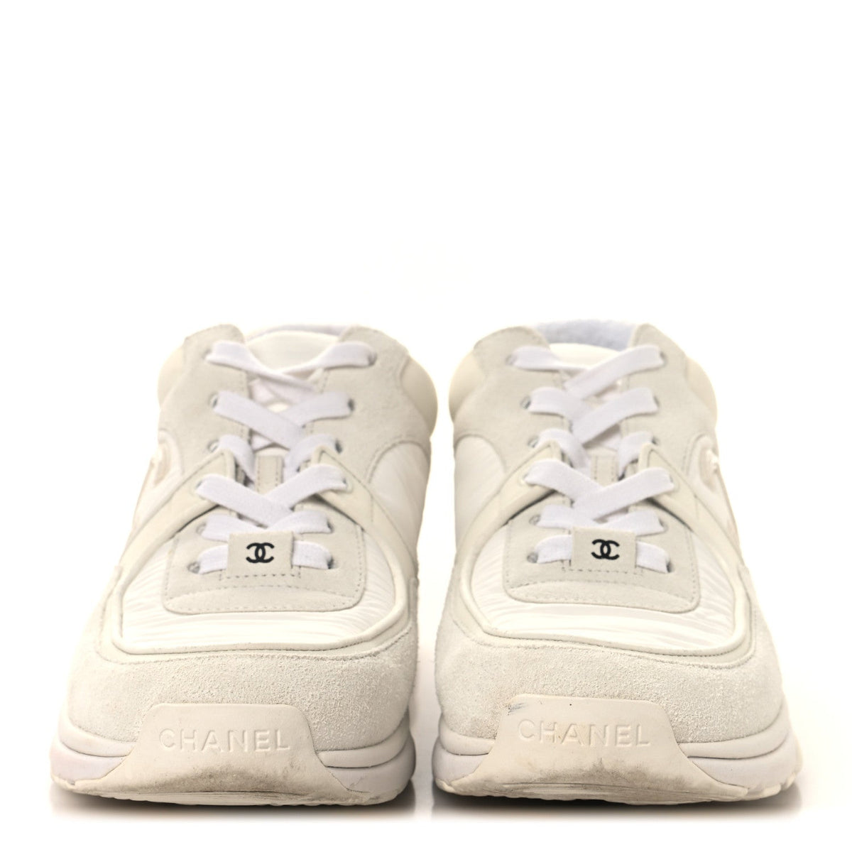 Chanel Suede Calfskin Women's CC Sneakers 37.5 White