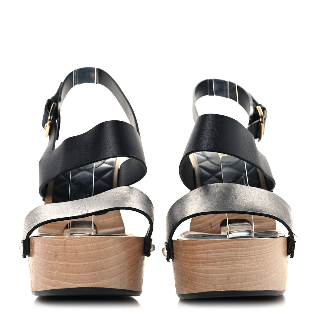 Chanel Wood Calfskin Women's CC Hinge Wedge Sandals 41 Black