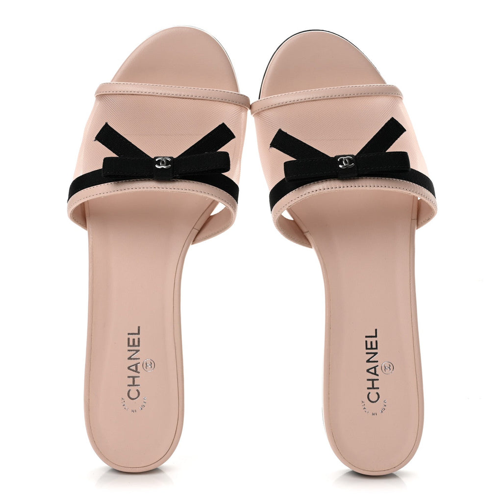 Chanel Mesh Lambskin CC Bow Women's Mules