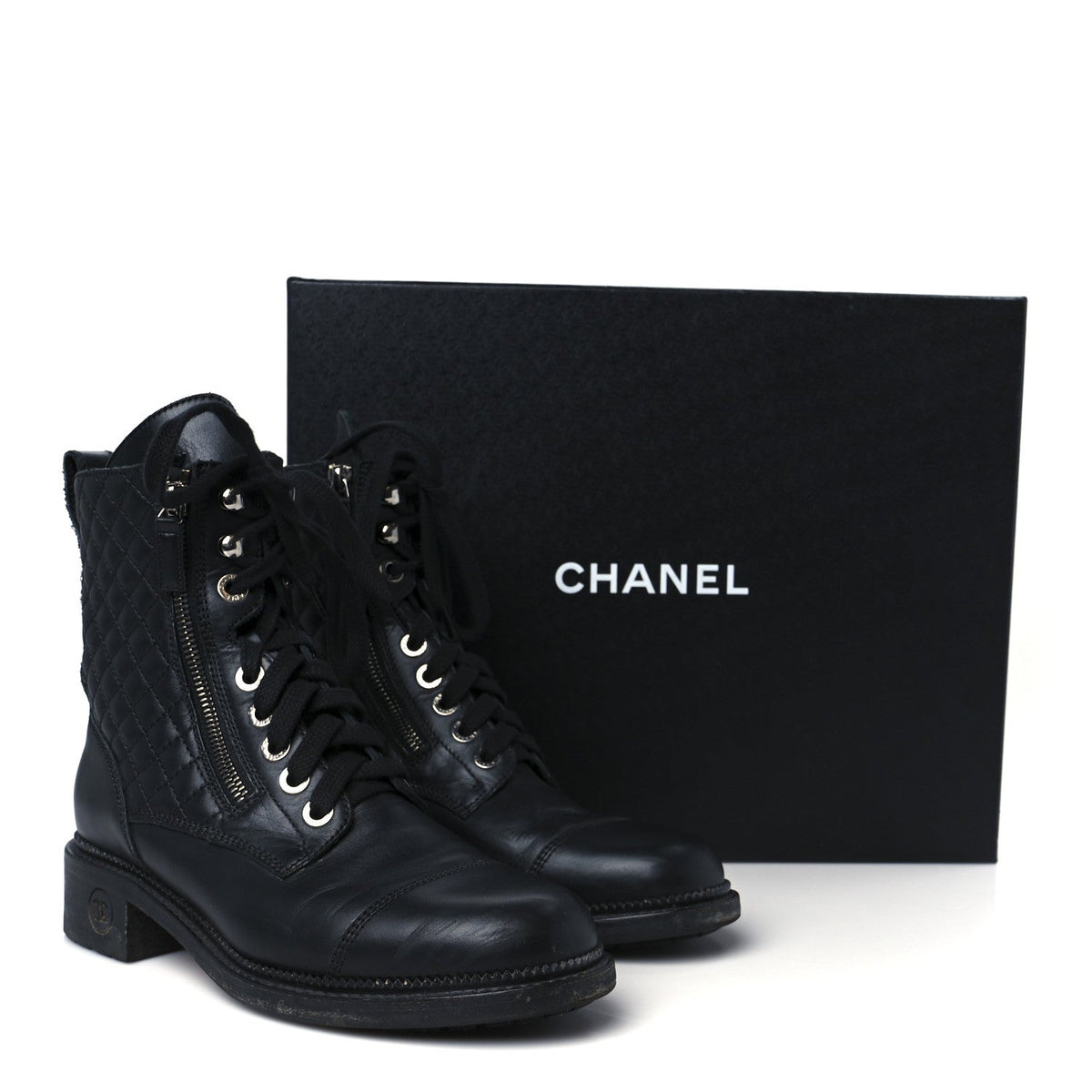 Chanel Calfskin Women's Quilted Lace Up Combat Boots 39 Black