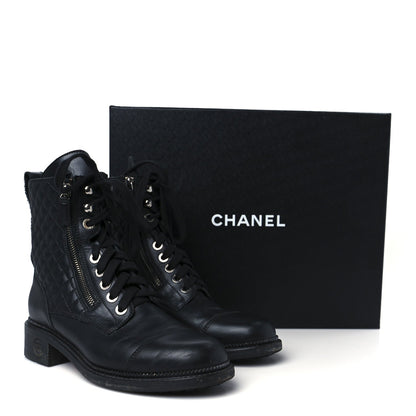 Chanel Calfskin Women's Quilted Lace Up Combat Boots 39 Black