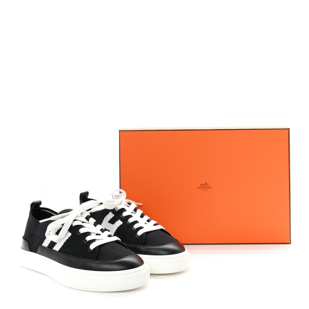 Hermes Knit Fabric Calfskin Women's Deep Sneakers 36.5 Black White