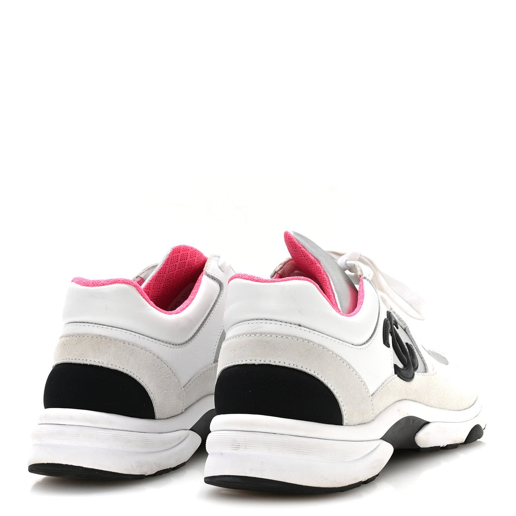Chanel Calfskin Fabric Women's Sneakers 37.5 White Silver Fluo Pink