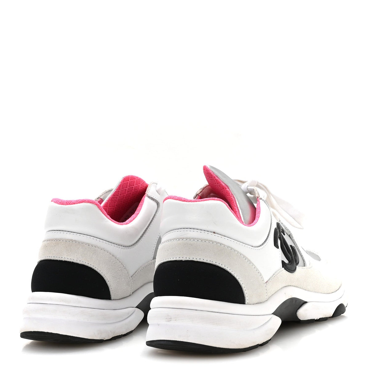 Chanel Calfskin Fabric Women's Sneakers 37.5 White Silver Fluo Pink