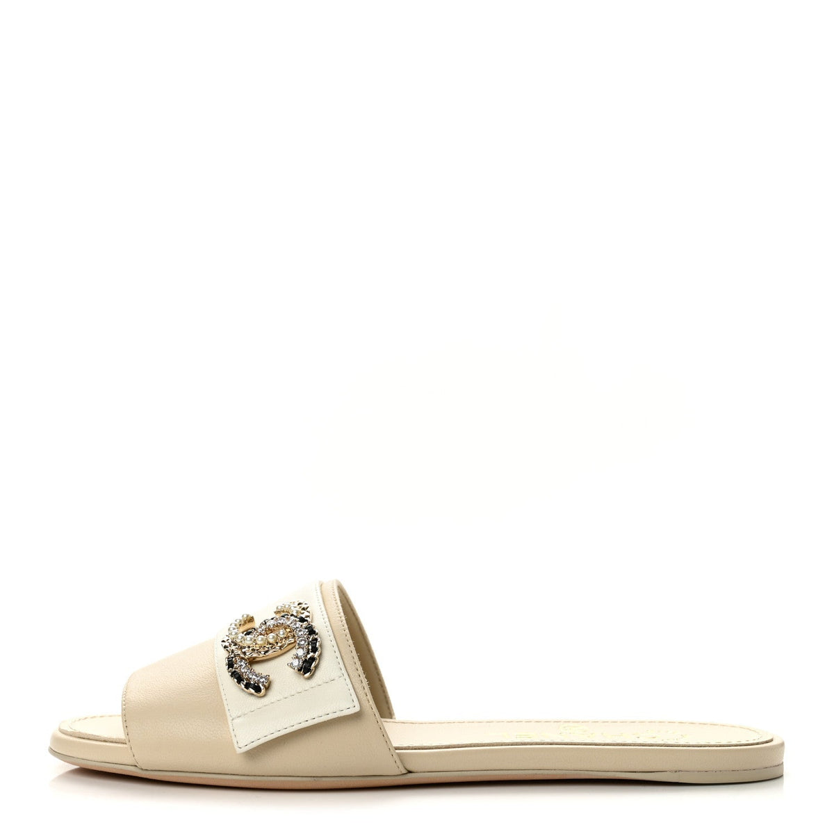 Chanel Lambskin Pearl Crystal CC Women's Mules Sandals 36 Light Beige White