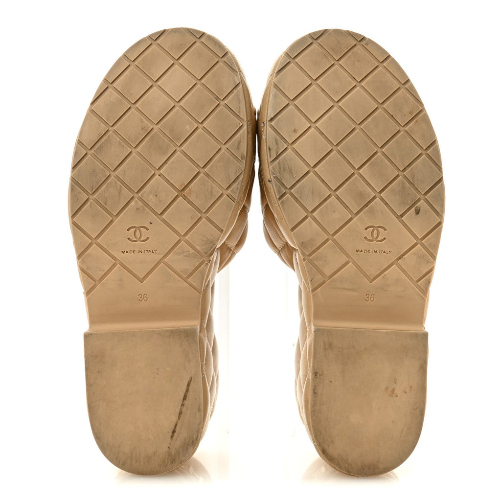 Chanel Lambskin Women's Quilted CC Wedge Mules 36 Beige