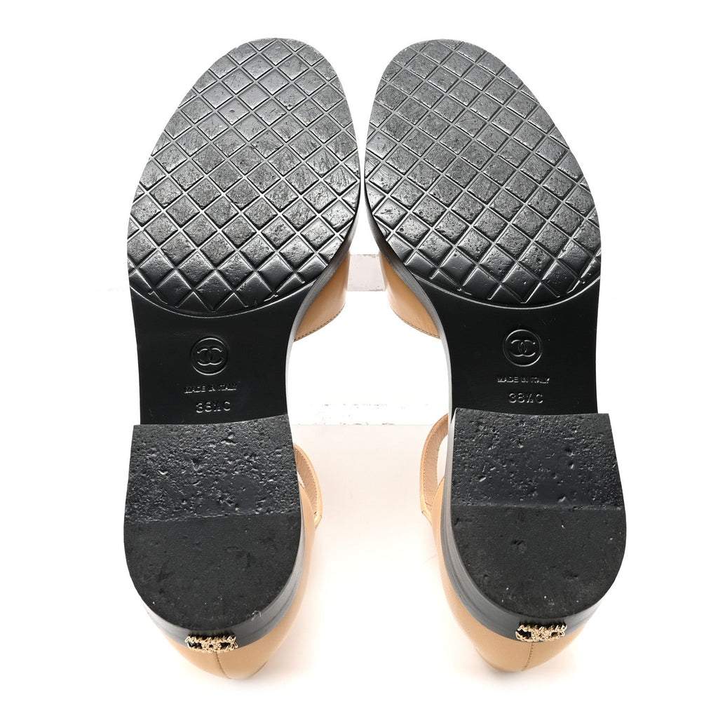 Chanel Shiny Goatskin Women's Mary Jane Flats 38.5 Beige Black
