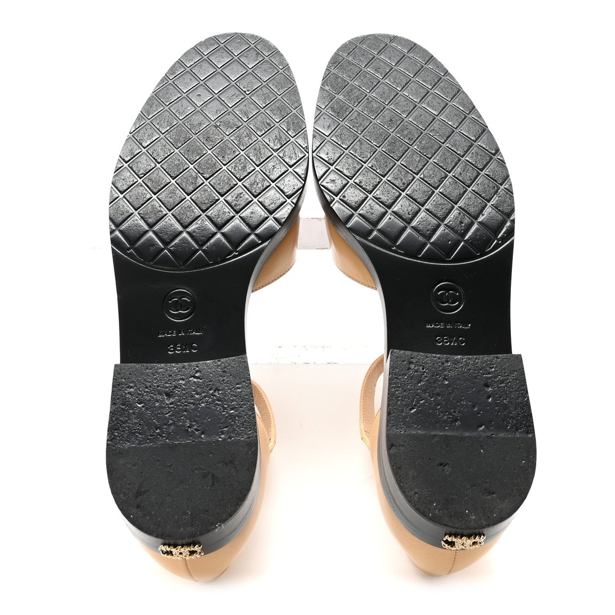 Chanel Shiny Goatskin Women's Mary Jane Flats 38.5 Beige Black