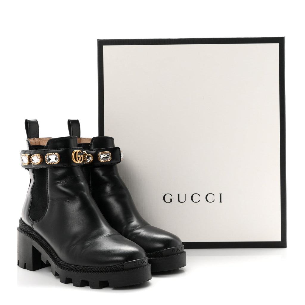 Gucci Calfskin Women's Crystal GG Trip Chelsea Ankle Boots 36.5 Black