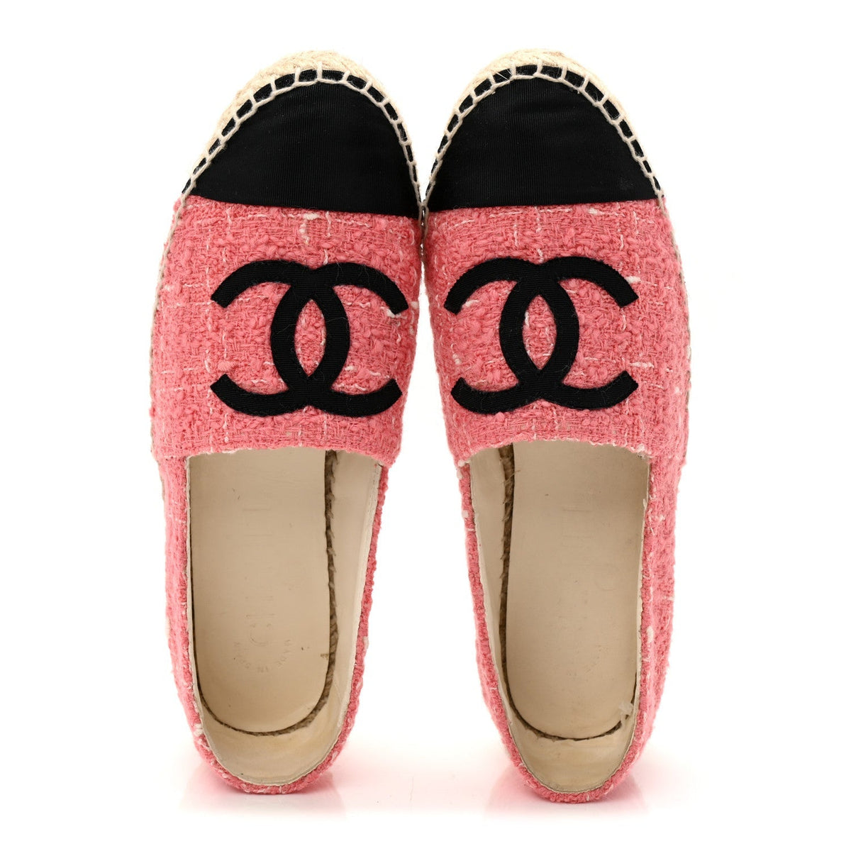 Chanel Tweed Grosgrain Women's CC Espadrilles 35 Pink