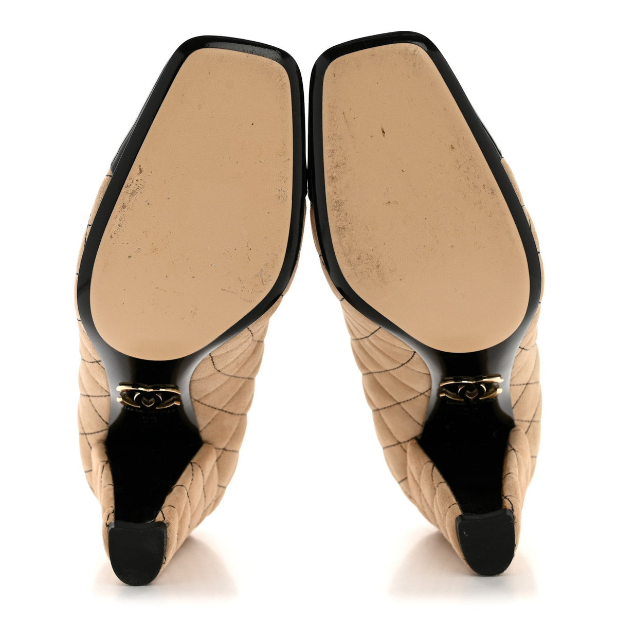 Chanel Suede Patent Women's Quilted CC Cap Toe Pumps 39 Beige Black