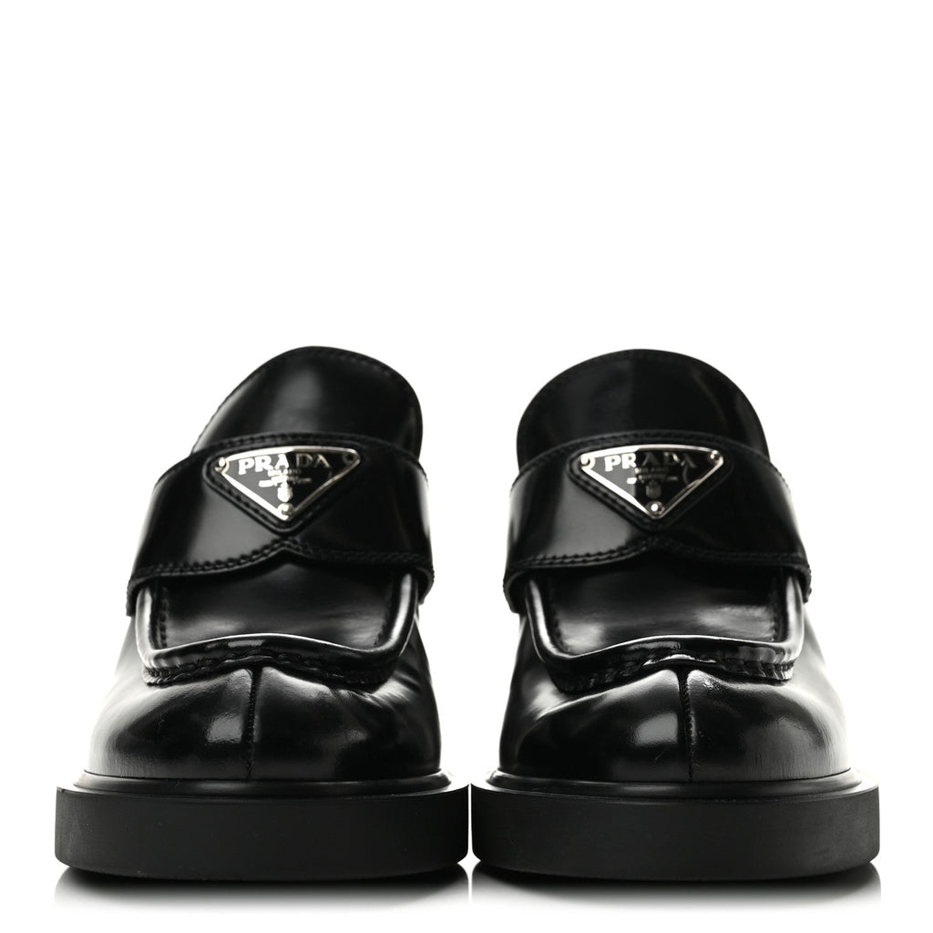 Prada Spazzolato Women's Triangle Logo Platform Loafer Mules 38.5 Black