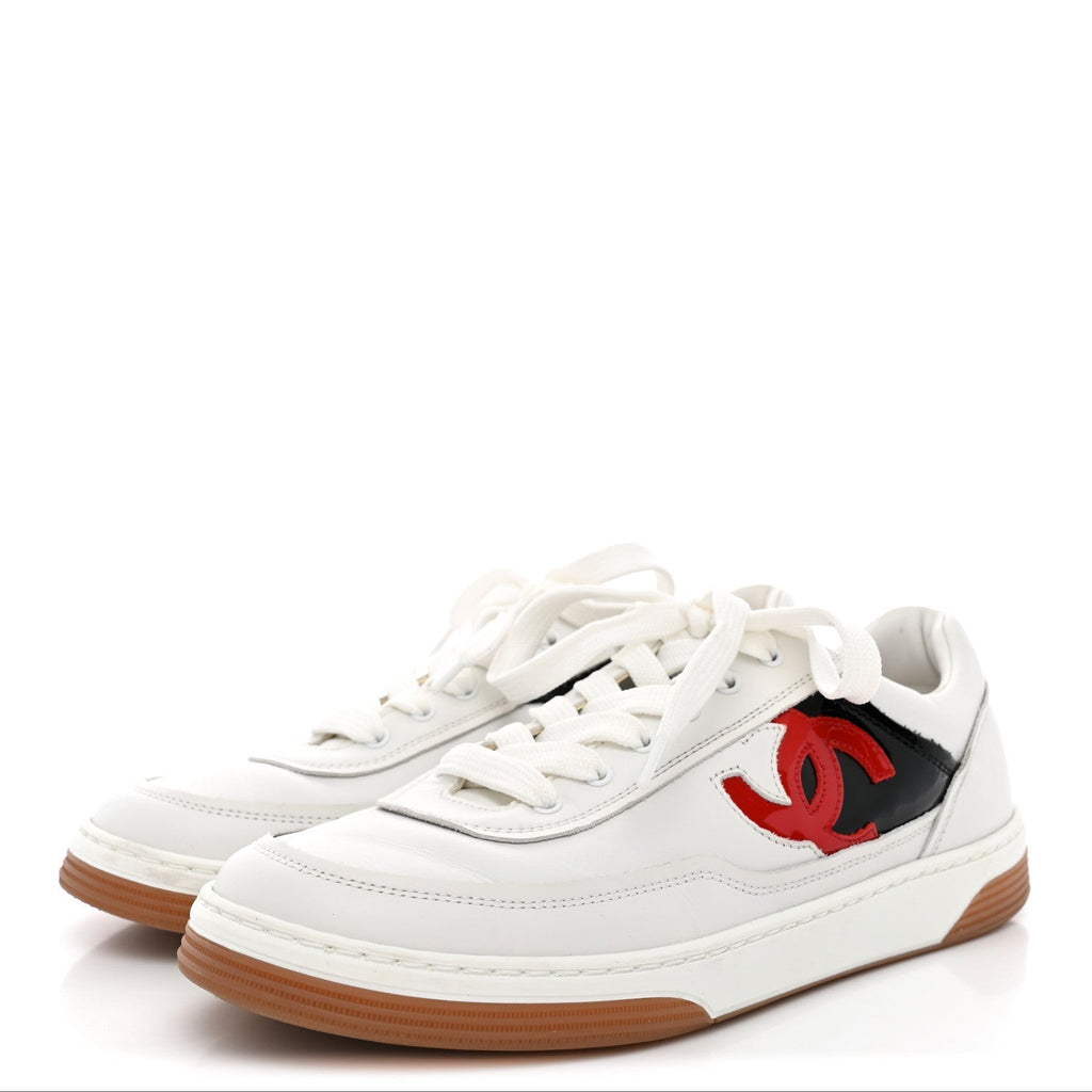 Chanel Calfskin Patent Women's CC Sneakers 38 White Black Red