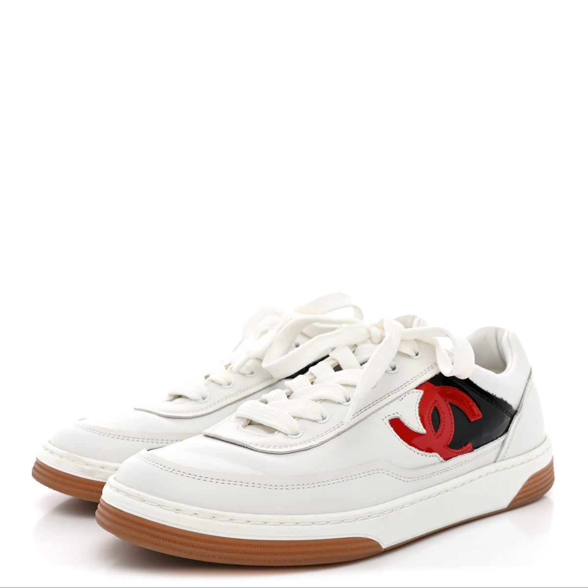 Chanel Calfskin Patent Women's CC Sneakers 38 White Black Red