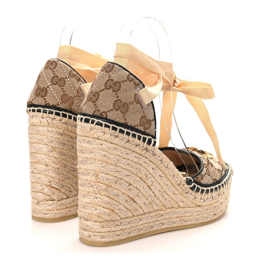 Gucci Canvas Women's GG Marmont Platform Espadrille Wedges 37.5 Beige Black