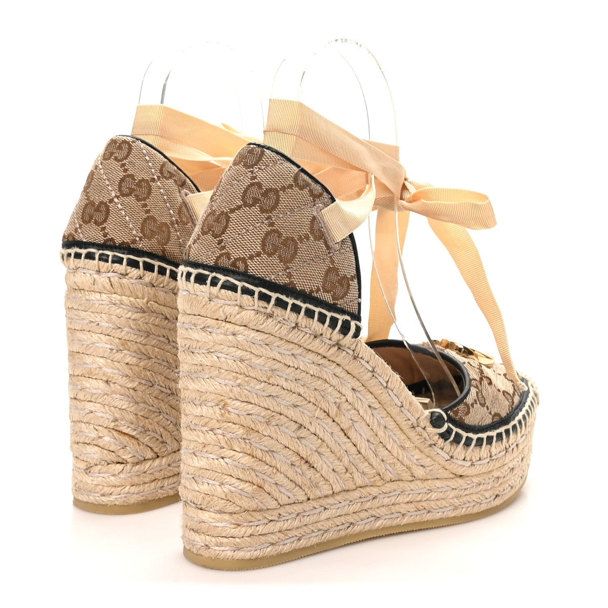 Gucci Canvas Women's GG Marmont Platform Espadrille Wedges 37.5 Beige Black