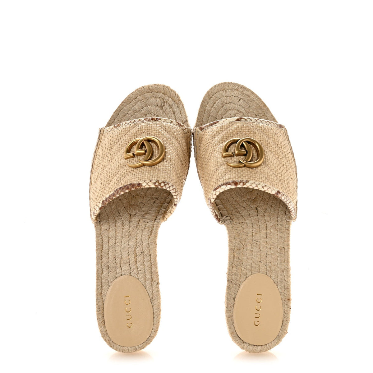 Gucci Straw Elaphe Women's GG Marmont Slide Sandals 39 Natural Cream Brown