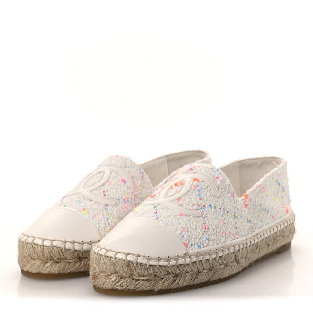 Chanel Glittered Tweed Lambskin Women's CC Espadrilles 36 White Multicolor