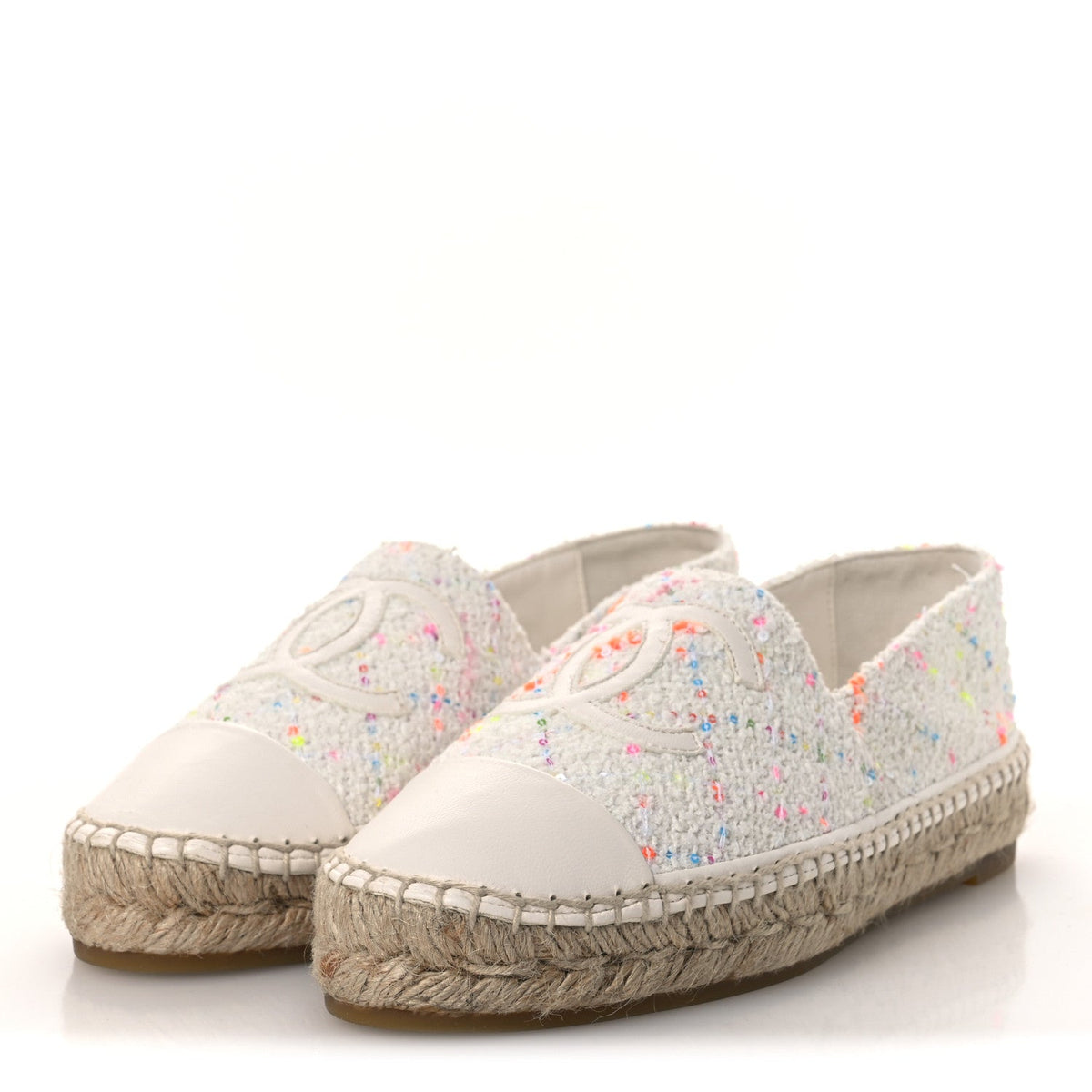 Chanel Glittered Tweed Lambskin Women's CC Espadrilles 36 White Multicolor