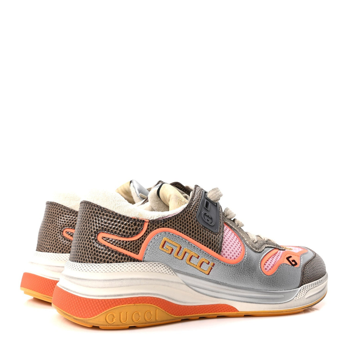 Gucci Calfskin Suede Mesh Women's Ultrapace Sneakers 37 Silver Anthracite Neon Orange