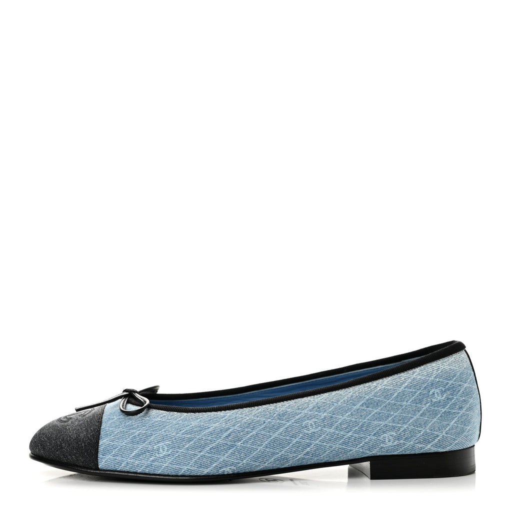 Chanel Denim Printed Quilt CC Cap Toe Women's Ballerina Flats Light Blue Dark Grey