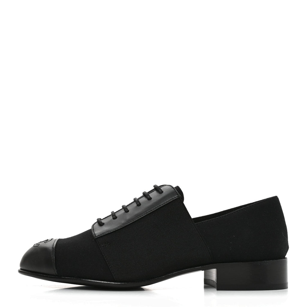 Chanel Calfskin Women's Elastic Lace Up Cap Toe CC Loafers 35.5 Black