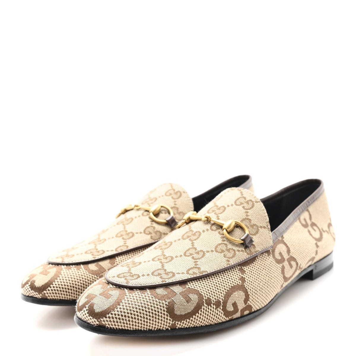 Gucci Monogram Jumbo GG Women's Horsebit Jordaan Loafers 40.5 Camel Ebony Beige