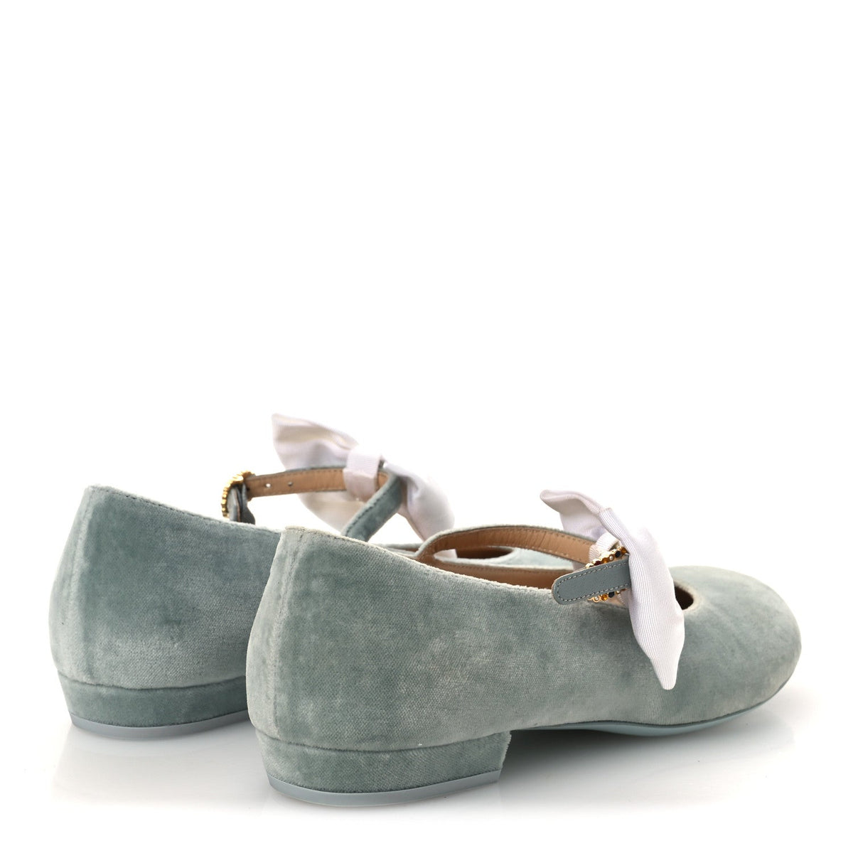 Chanel Velvet Grosgrain Bow Women's Mary Jane Flats 37.5 Light Green White