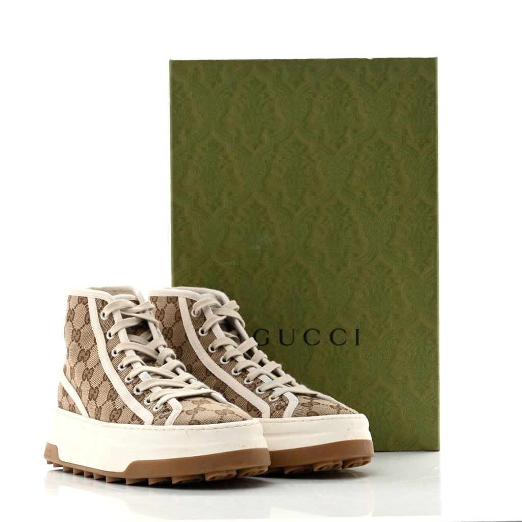 Gucci Canvas Women's GG Monogram Tennis 1977 High Top Platform Sneakers 38.5 Beige Ebony