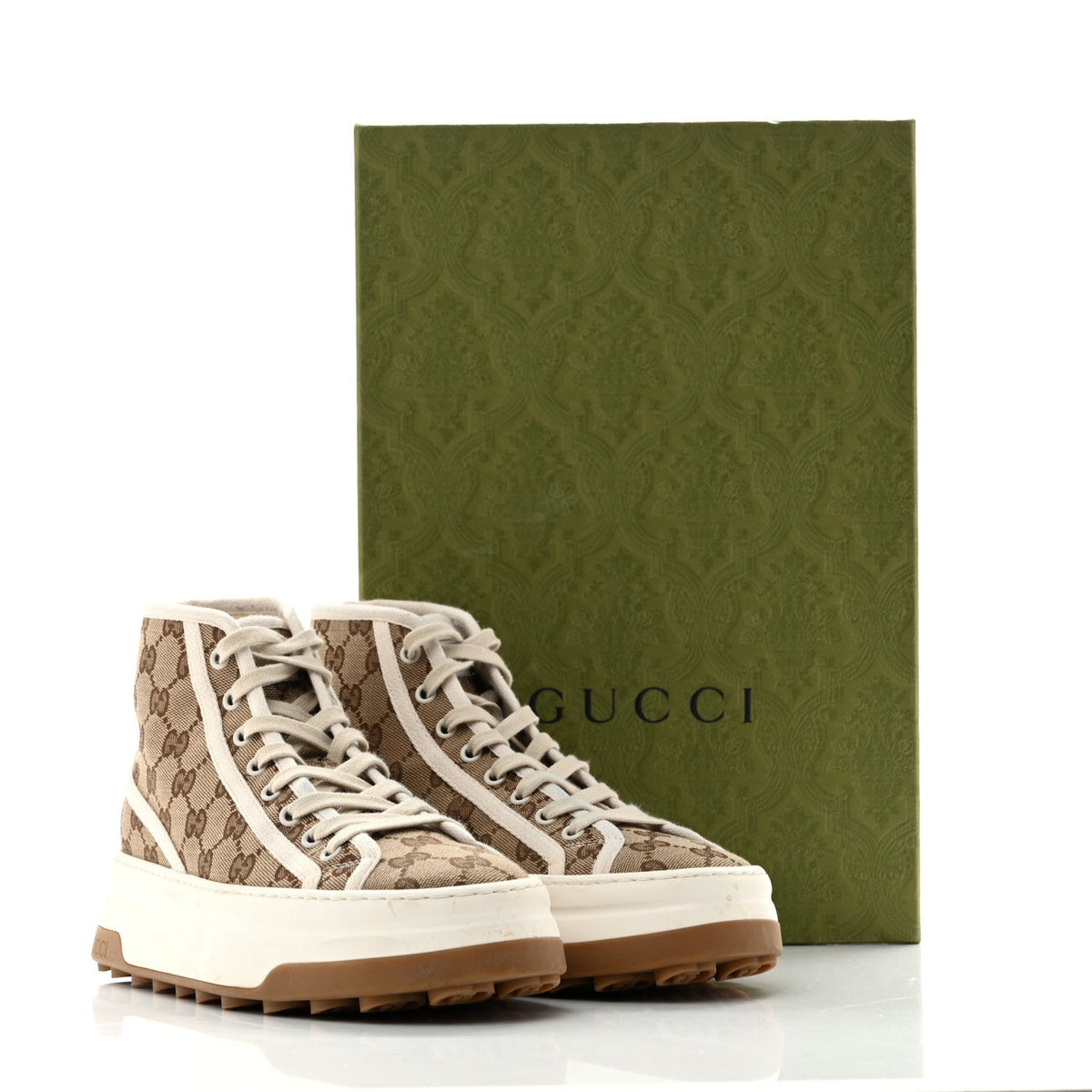 Gucci Canvas Women's GG Monogram Tennis 1977 High Top Platform Sneakers 38.5 Beige Ebony