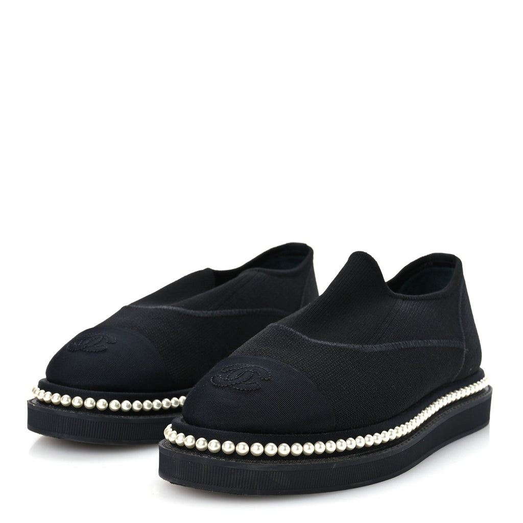 Chanel Stretch Fabric Grosgrain Women's Pearl Cap Toe CC Loafers 35.5 Black