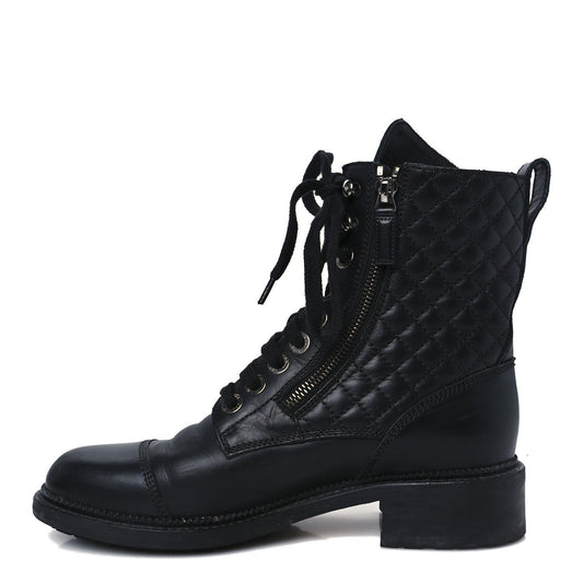 Chanel Calfskin Women's Quilted Lace Up Combat Boots 39 Black