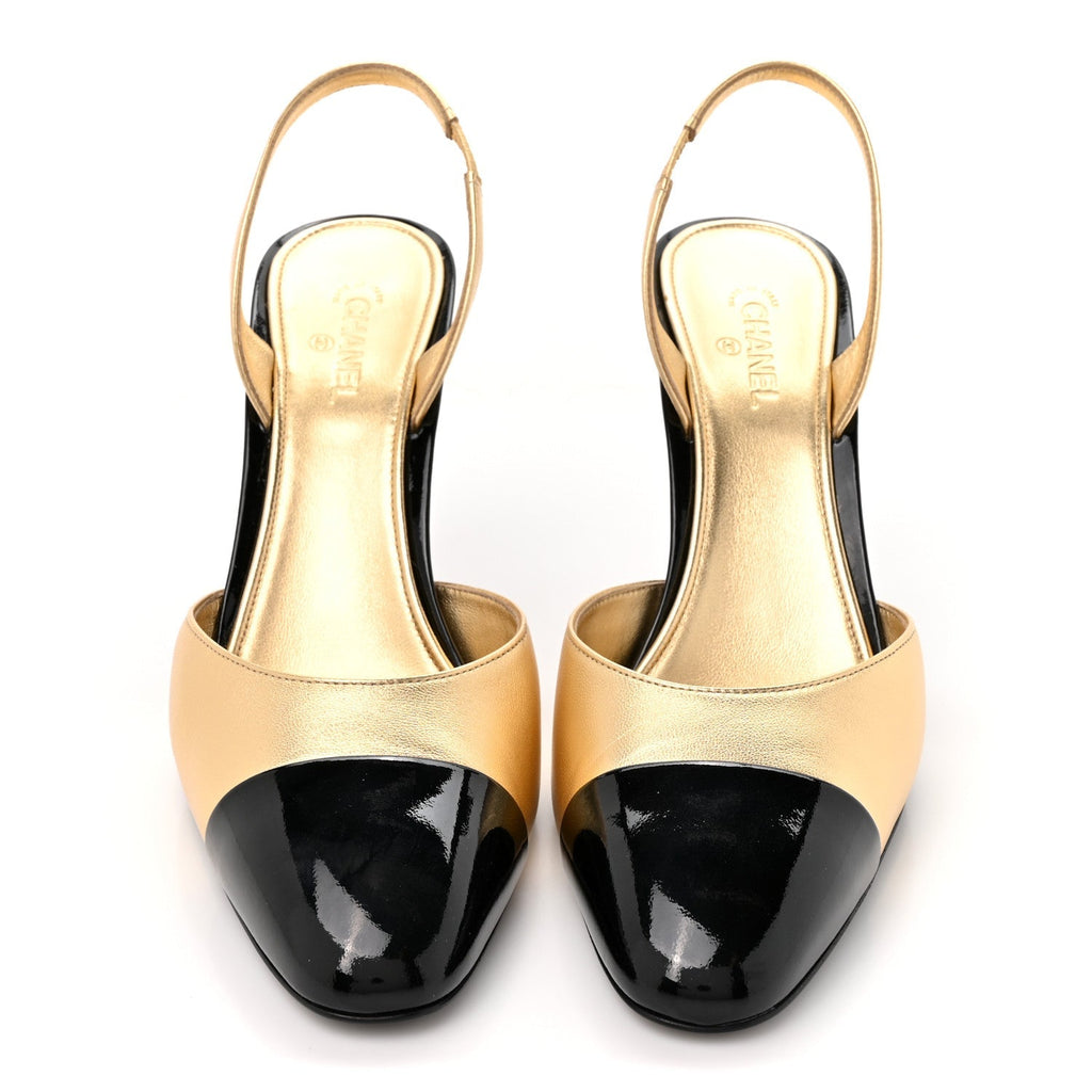 Chanel Lambskin Patent CC Apple Women's Slingback Pumps 41 Gold Black