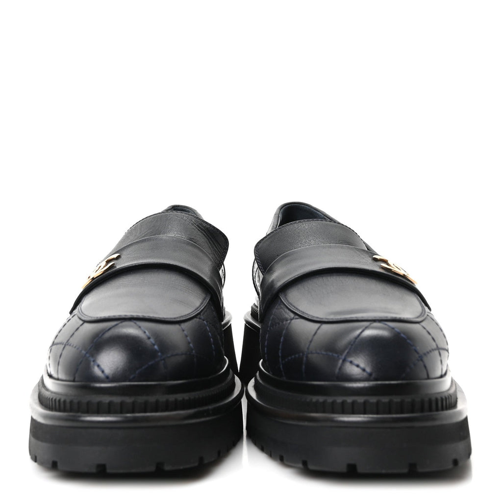 Chanel Calfskin Quilted CC Women's Mocassin Loafers Navy Blue