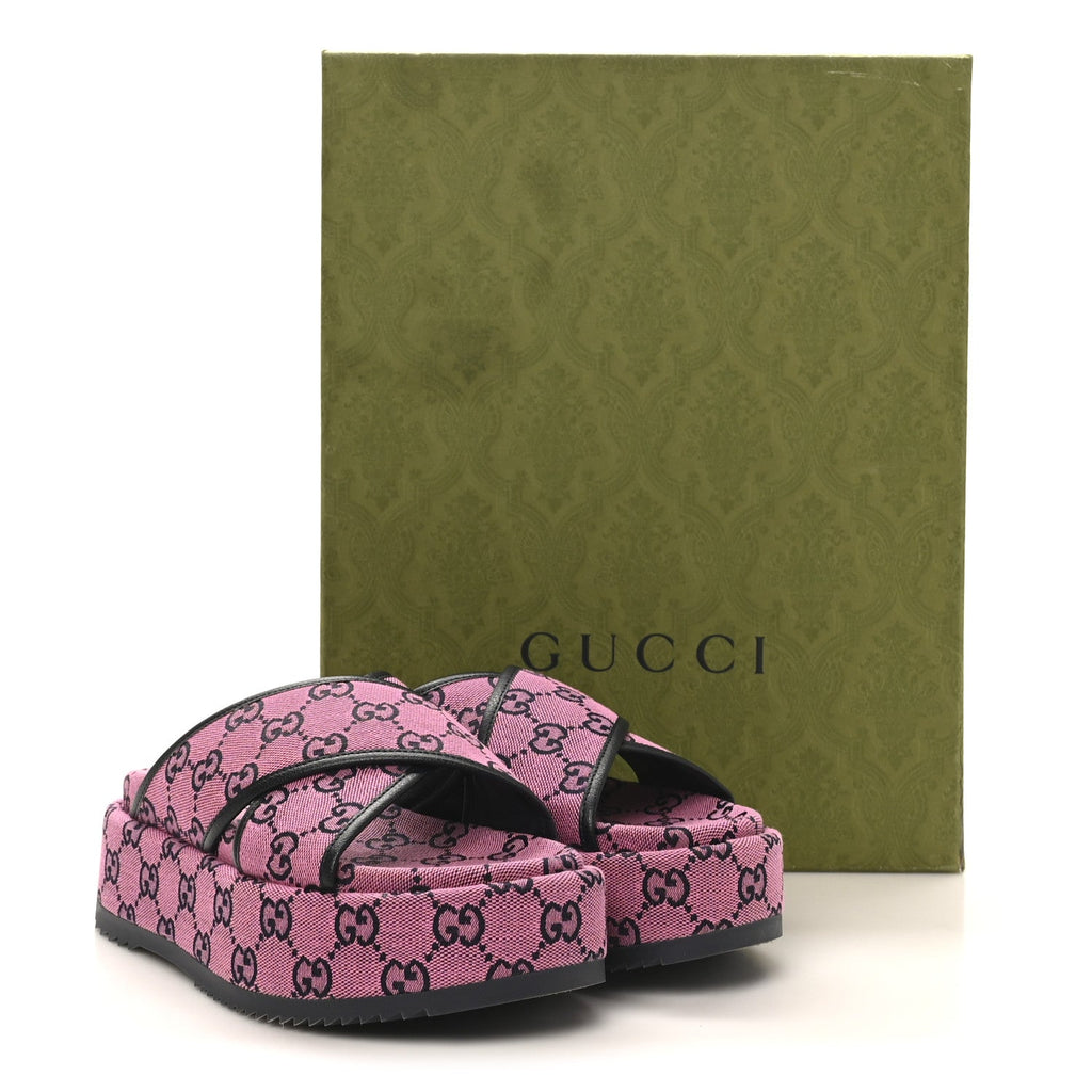 Gucci Canvas Women's Monogram Multicolor Criss Cross Platform Slide Sandals 36.5 Pink Blue