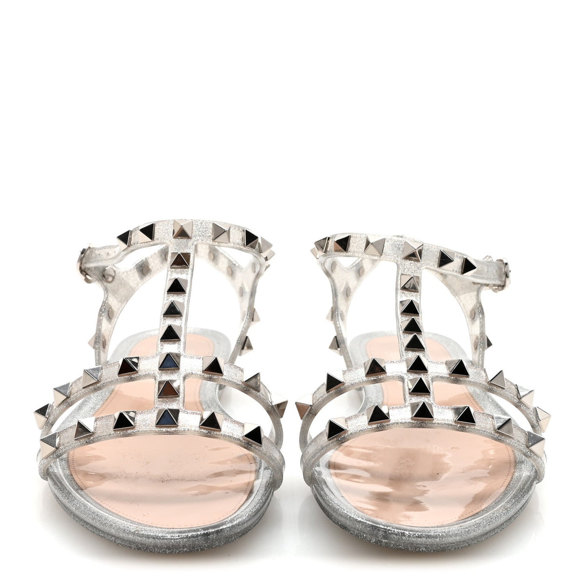 Valentino Garavani PVC Jelly Women's Glitter Rockstud Caged Flat Thong Sandals 36 Silver