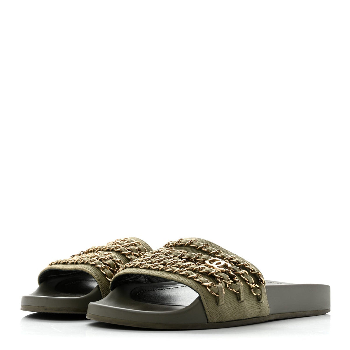 Chanel Canvas Chain Women's Flat Sandals Khaki