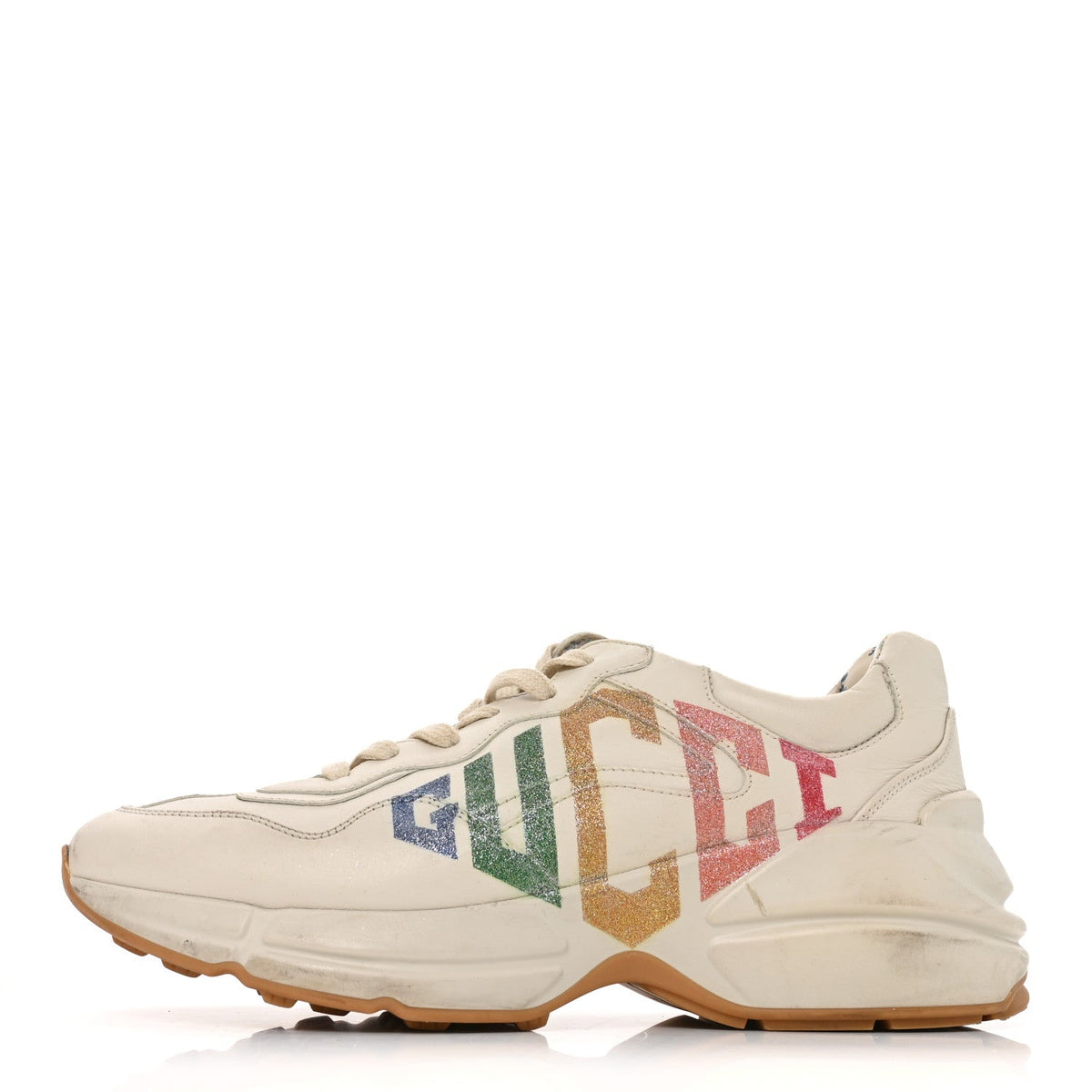 Gucci Calfskin Women's Glitter Game Logo Rhyton Sneakers 39 Mystic White