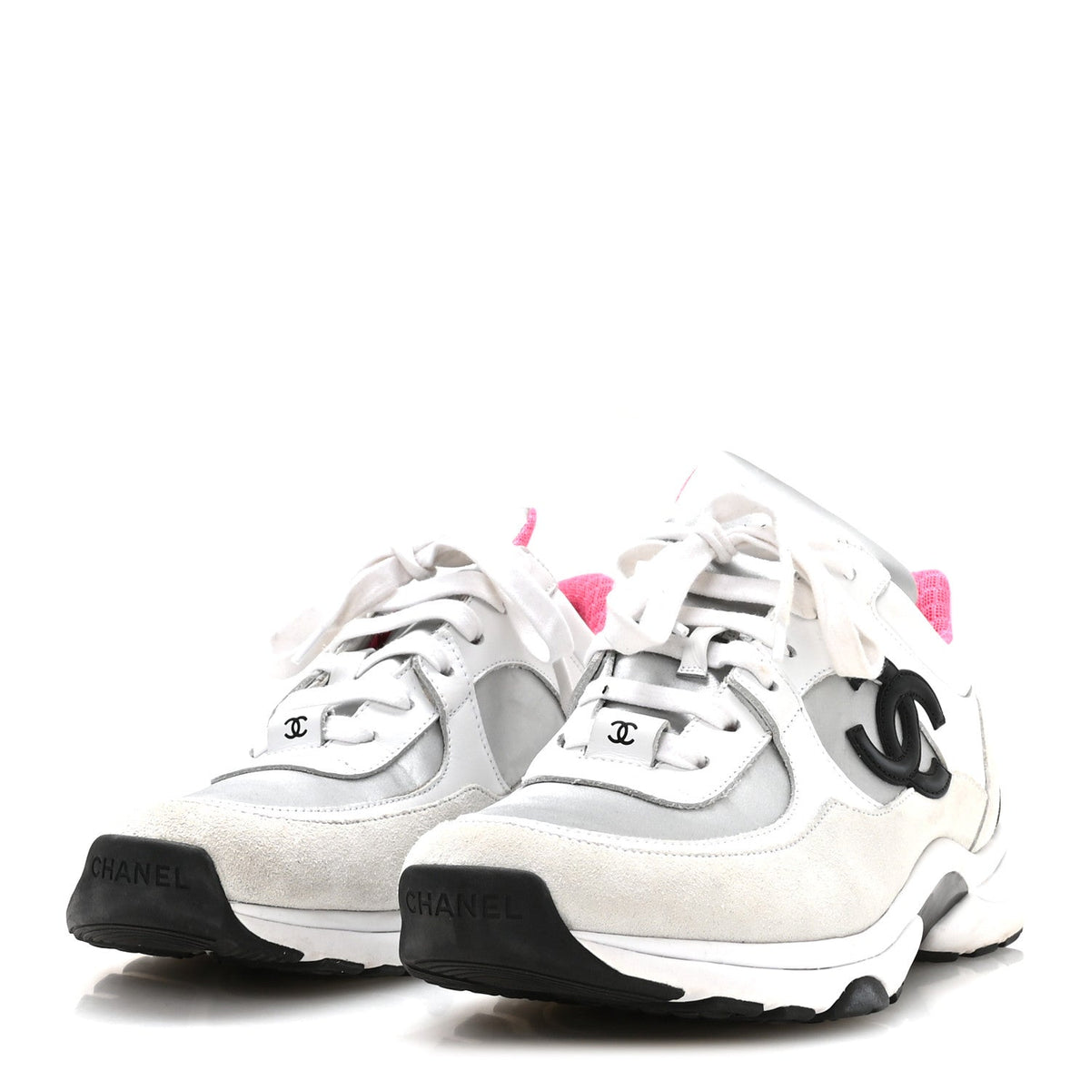 Chanel Calfskin Fabric Women's Sneakers 37.5 White Silver Fluo Pink