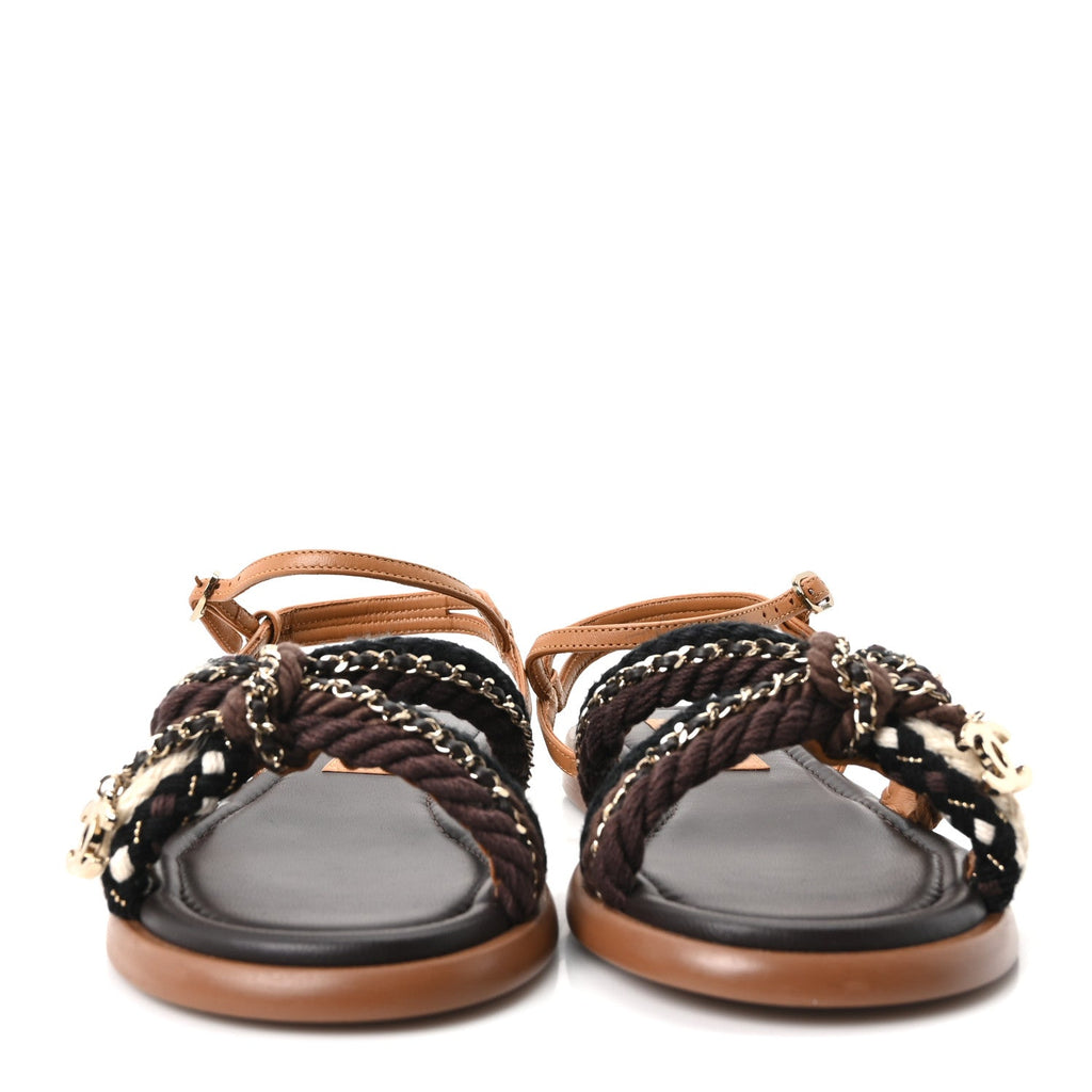 Chanel Lambskin Cord Chain CC Women's Sandals 37 Brown Black Ivory