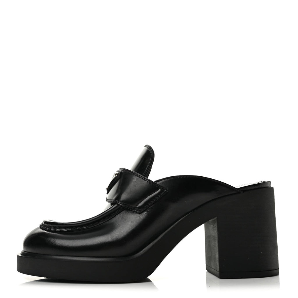 Prada Spazzolato Women's Triangle Logo Platform Loafer Mules 38.5 Black