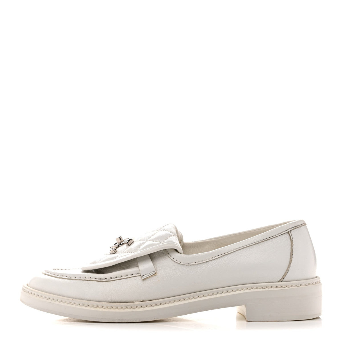 Chanel Shiny Lambskin Women's Quilted CC Turnlock Loafers 40 White