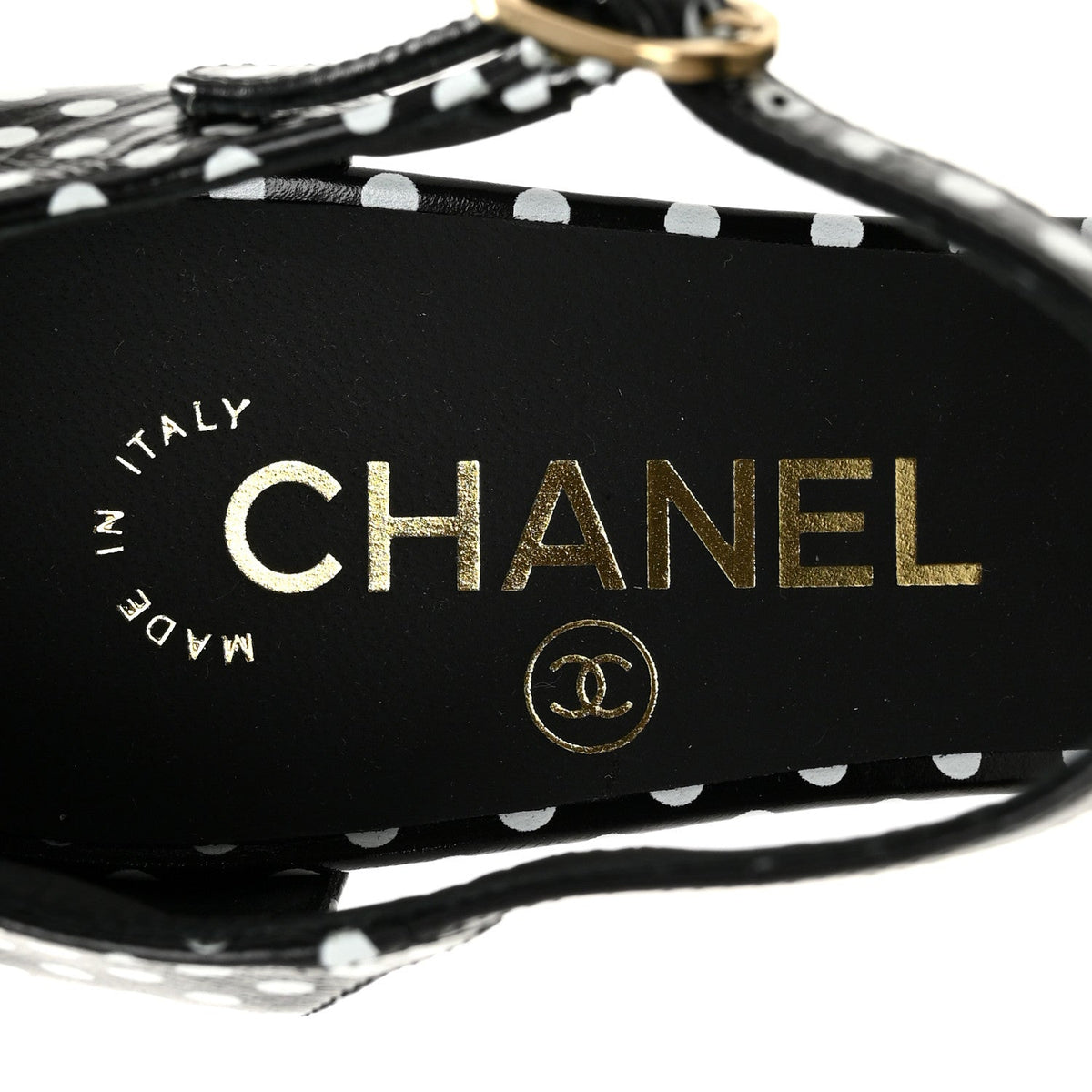 Chanel Printed Calfskin Women's Polka Dot CC Platform Sandals 37 Black White