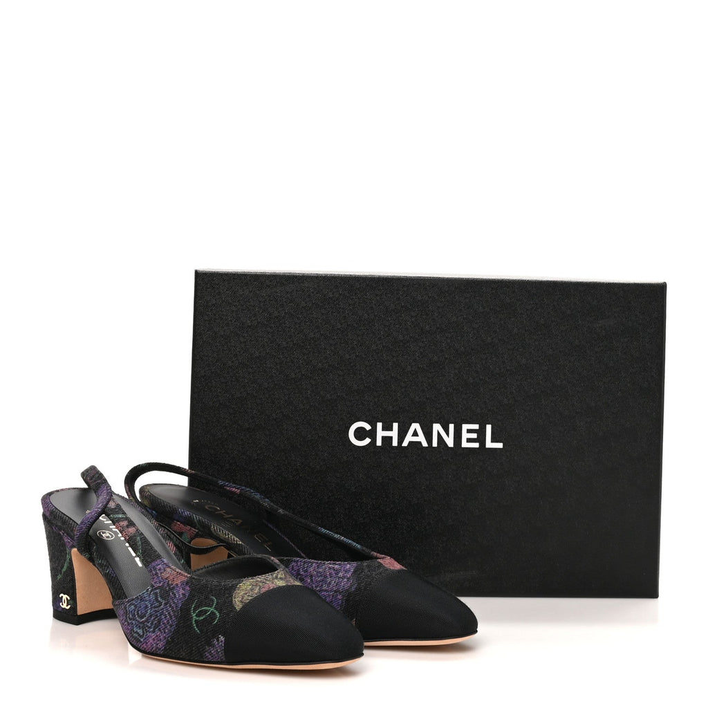 Chanel Denim Grosgrain Women's CC Slingback Pumps 37 Charcoal Multicolor