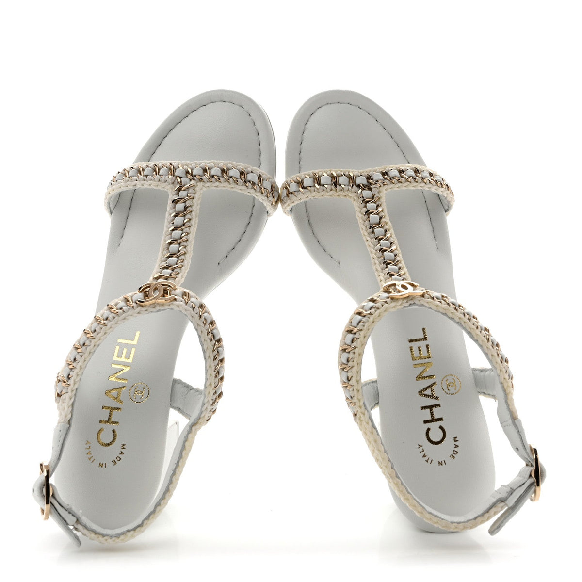 Chanel Lambskin Women's CC Chain Braided Sandals 35 White