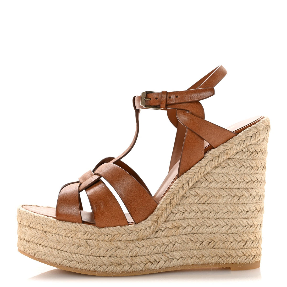 Saint Laurent Calfskin Women's 85 Platform Espadrille Wedge Sandals 39.5 Brown