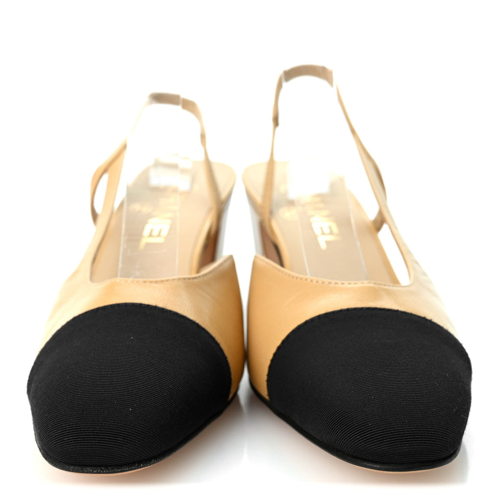 Chanel Goatskin Grosgrain Women's Cap Toe CC Slingback Pumps 37 Beige Black