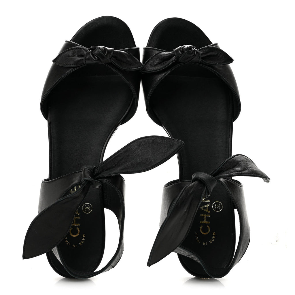 Chanel Lambskin Women's Bow CC Flat Sandals 38.5 Black