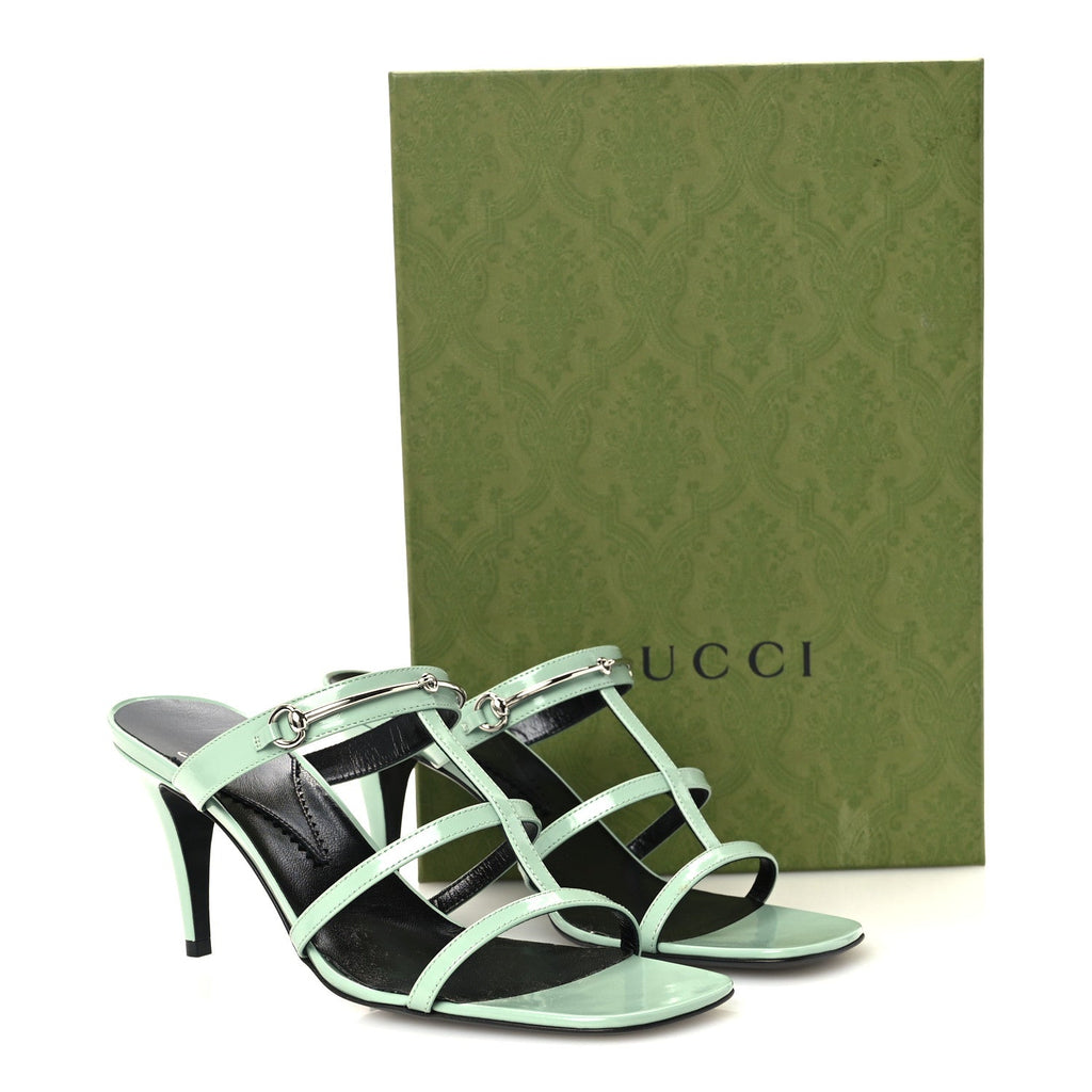 Gucci Calfskin Women's Regent Horsebit Mid Heel Sandals 38.5 Pacific Green
